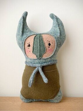 joodito lucky cat reclaimed wool cashmere sweater pillow folk art rag doll green